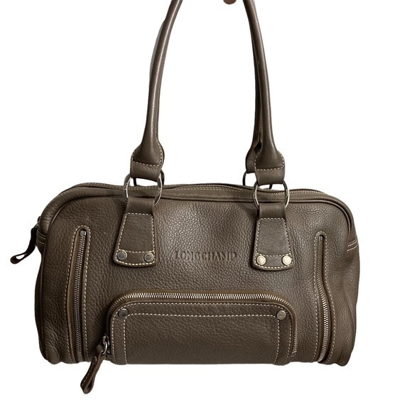 Longchamp gray taupe small leather barrel bag
